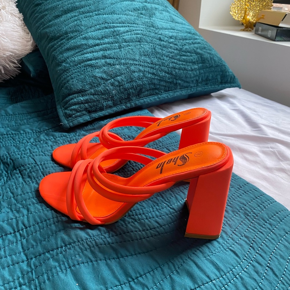 Orange Strappy Block Heel Mules